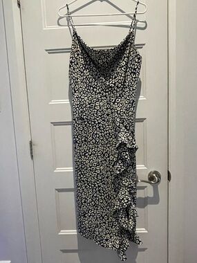 J.O.A. Blue and Cream Leopard-Print Slip Midi Dress with Side Ruffle